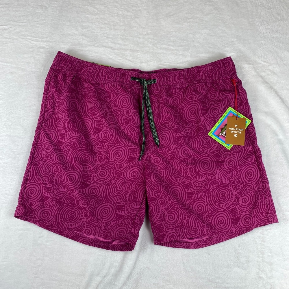 Houston White Swim Shorts Mens XL Burgundy Swirl Mesh Lined 7"‎ Inseam Pull On